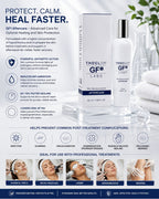 'n Infografika vir Thoclor Labs GF1 Aftercare velversorging. Die beeld toon die produk se wit en silwer verpakking, 'n glasdruppelbottel, 'n wattestokkie en 'n wit boks, vergesel van teks wat die voordele van die nasorgformule uiteensit.
