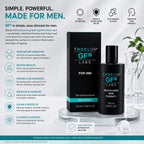 Thoclor Labs GF2 for Him Revitalising Skin Therapy زجاجة سعة 100 مل وعلبة سوداء متطابقة على خلفية بيضاء مع شرح للفوائد.